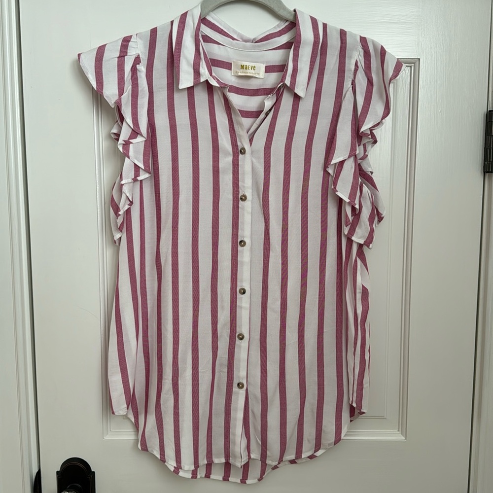 Anthropologie Maeve Fairhope Striped Button Down Flutter Sleeve Top Red White S